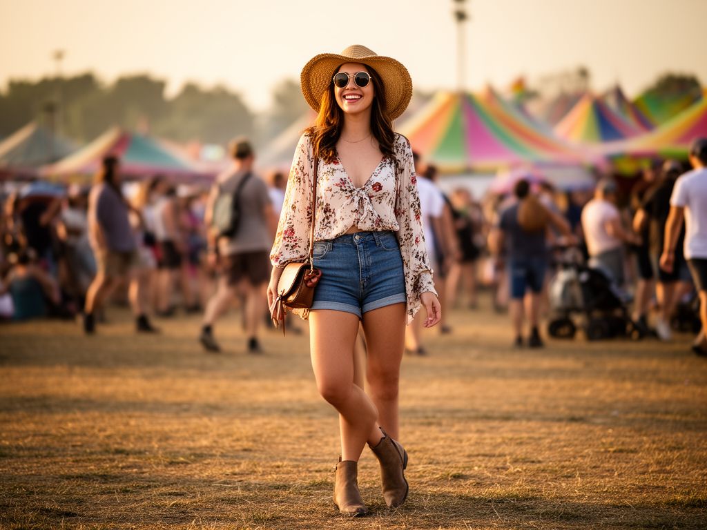 Mladá žena na letním festivalu v džínových šortkách, bohémské blůze a slamákem při zlaté hodině