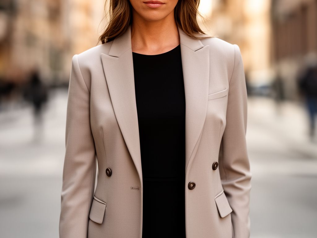 Žena v elegantních černých šatech a béžovém saku na městské ulici v jemném světle