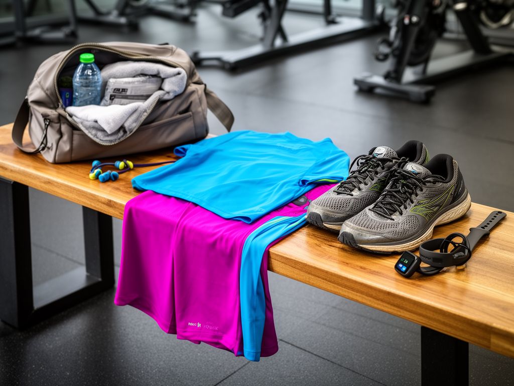 Sada sportovního oblečení a doplňků na dřevěné lavici v moderním fitness studiu bez lidí.