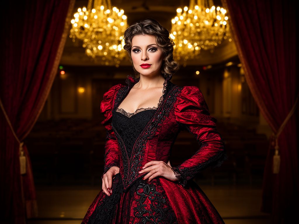 Žena v divadelním kostýmu stojí v historickém divadelním foyé mezi zástěrami a lustry.