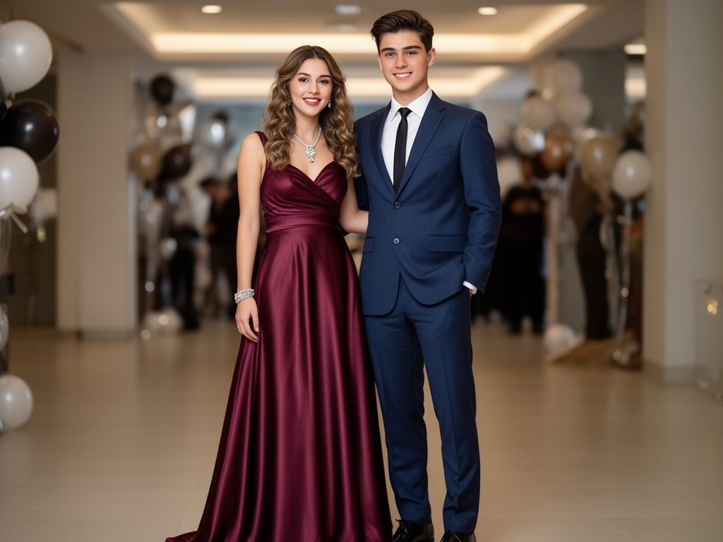 Mladý pár v elegantním oblečení na osmnáctinové oslavě v moderním interiéru s jemným osvětlením.