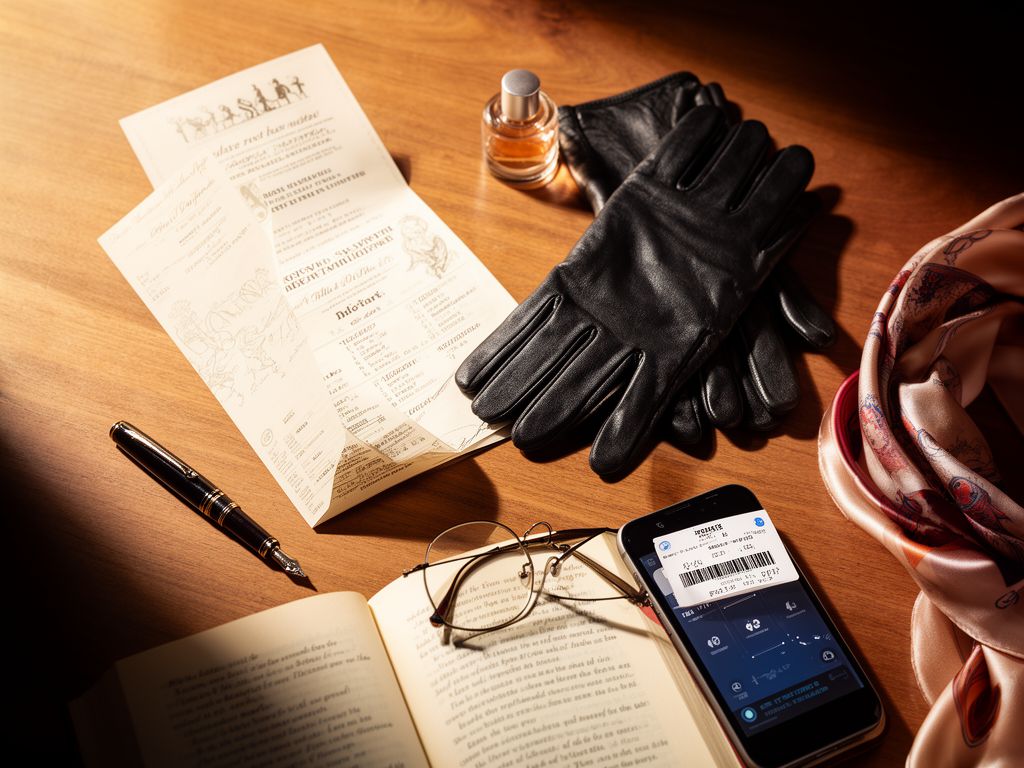 Flat lay s pozvánkou do divadla, programem, rukavicemi, parfémem, mobilem s lístkem a knihou poezie.