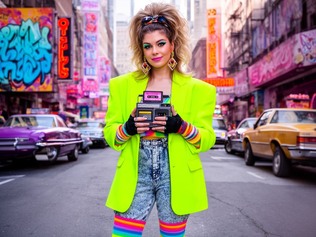 Stylová osoba v 80. letech na městské ulici s Walkmanem a ikonickým oblečením éry neonů a graffiti