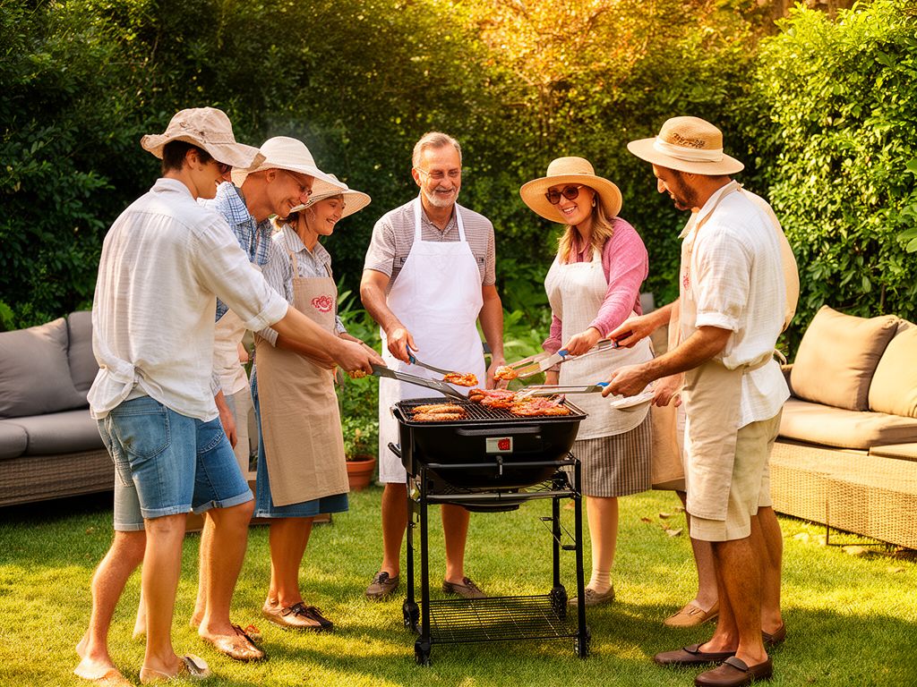 Skupina lidí u grilu na zahradě v letním oblečení s klobouky a nástroji na grilování