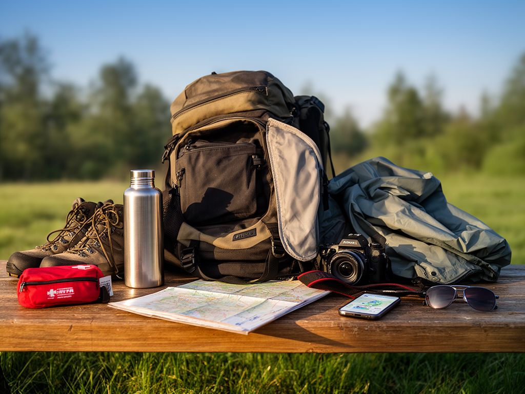 Outdoor předměty na stole: batoh, mapa, láhev, lékárnička, boty, bunda, fotoaparát, telefon, sluneční brýle