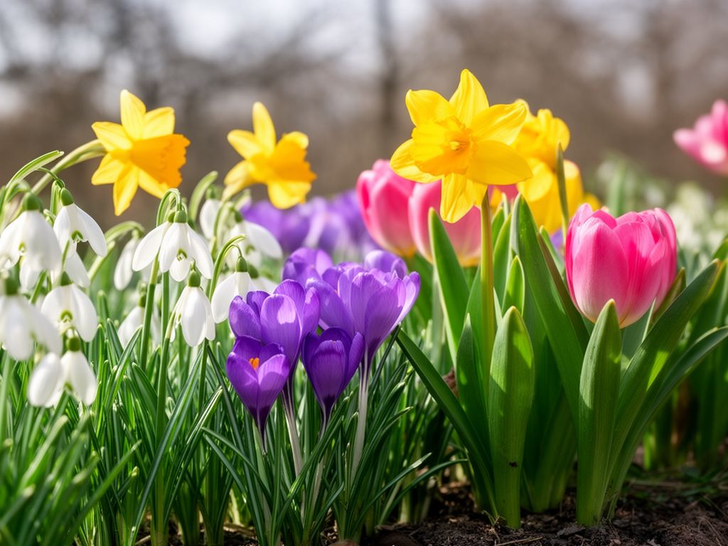 Jarní zahrada s kvetoucími sněženkami, krokusy, narcisy a tulipány za měkkého denního světla.