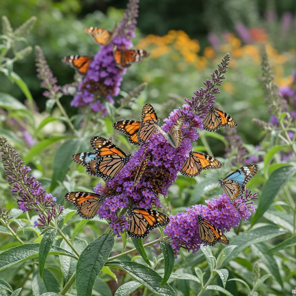 Detailní záběr motýlího keře Buddleja s fialovými květy a motýly v zahradě za denního světla