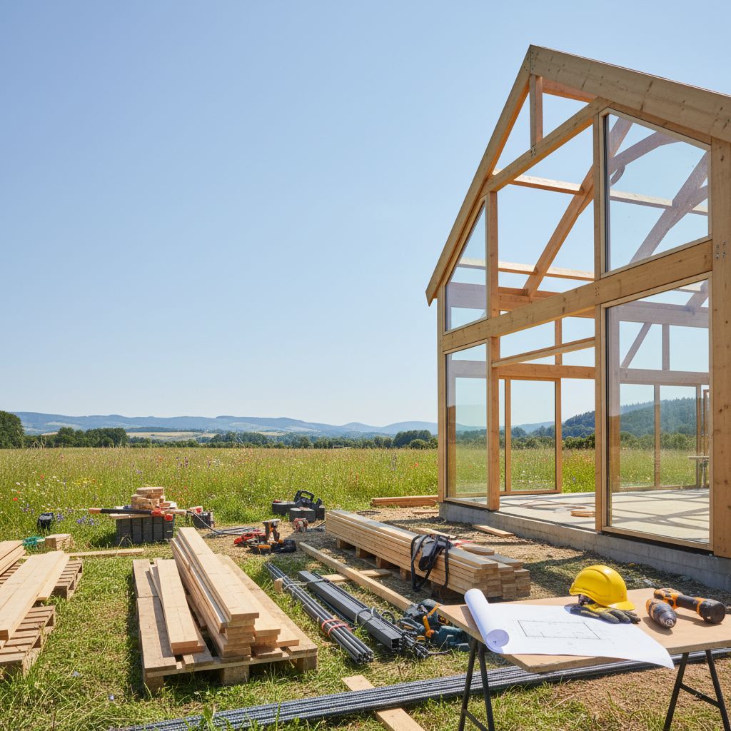 Moderní stodola ve výstavbě s dřevěnou konstrukcí, sklem a stavebními plány na louce pod modrou oblohou