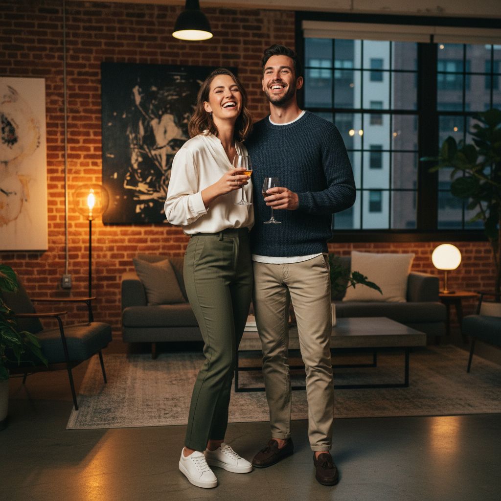 Mladý pár v moderním loftu na afterparty v pohodlném ležérním oblečení s nápoji v rukou